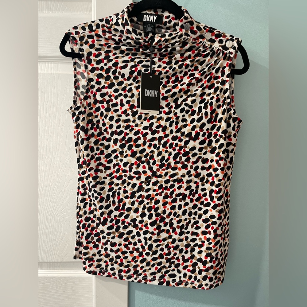 DKNY Abstract Print Sleeveless Blouse - Sz S Black White Red Polka Dot Button